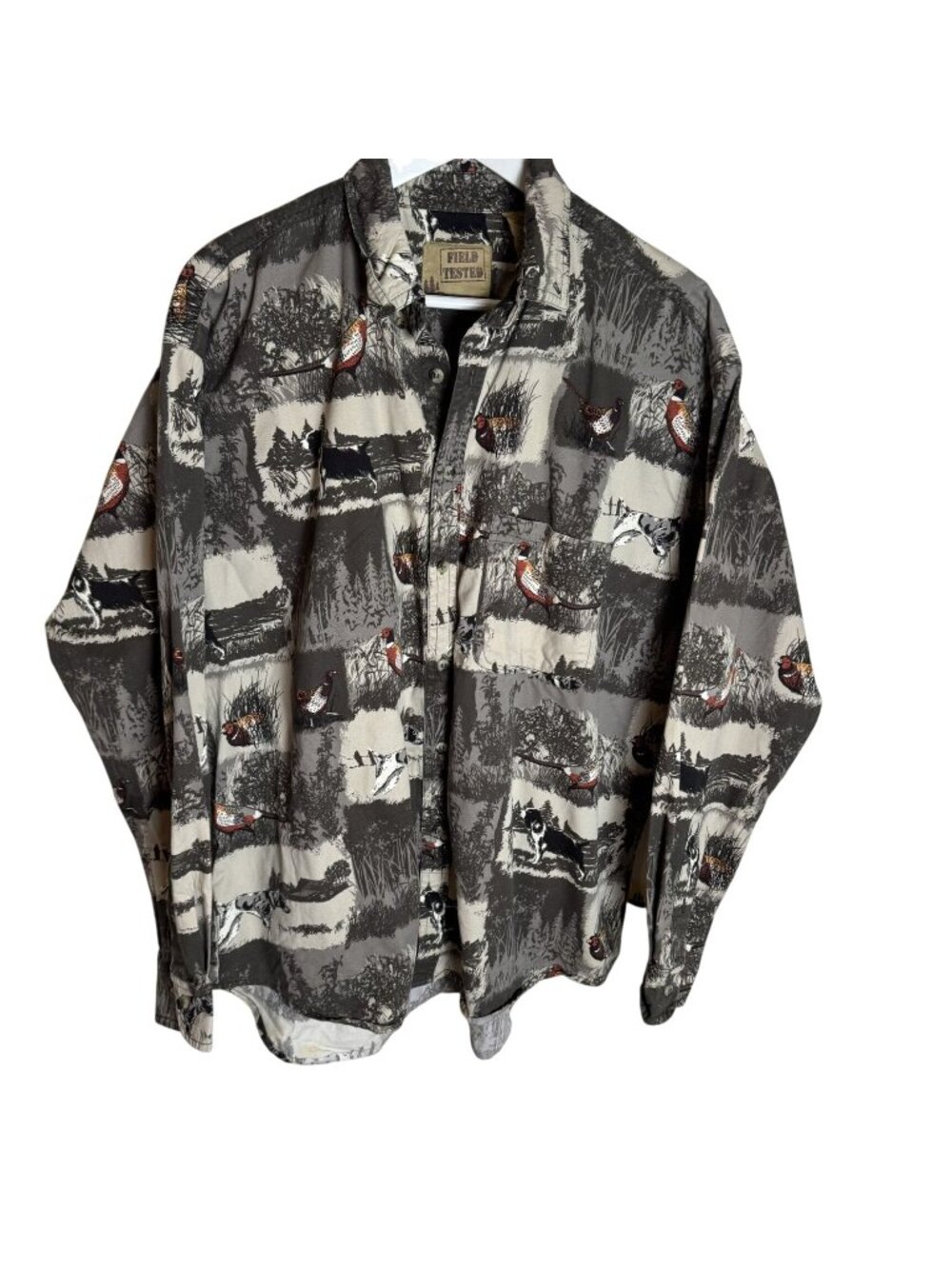 Vintage 90s Field Tested Hunting Print Long Sleeve Button-Up Shirt, Size Large